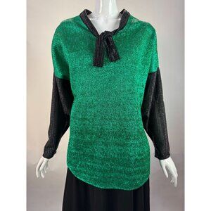 Vintage Green & Black Metallic Knit Long-Sleeve Top With Tie-Neck Detail